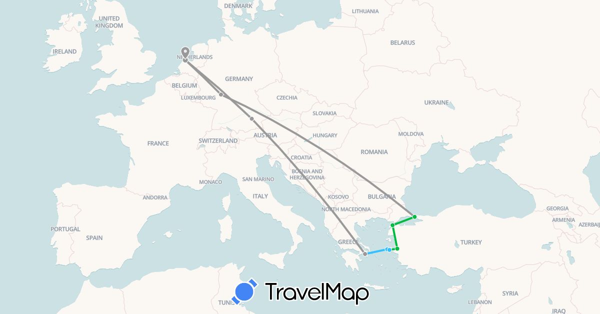 TravelMap itinerary: driving, bus, plane, boat in Germany, Greece, Netherlands, Turkey (Asia, Europe)